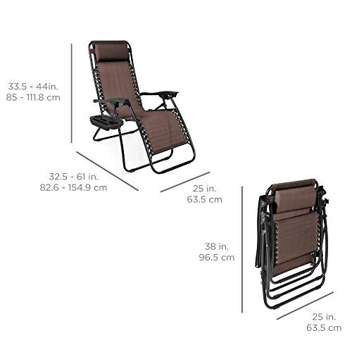 Best Choice Products Set of 2 Adjustable Steel Mesh Zero Gravity Lounge Chair Recliners w/Pillows and Cup Holder Trays, Brown - 3