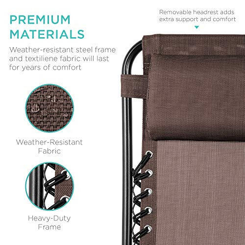 Best Choice Products Set of 2 Adjustable Steel Mesh Zero Gravity Lounge Chair Recliners w/Pillows and Cup Holder Trays, Brown - 9