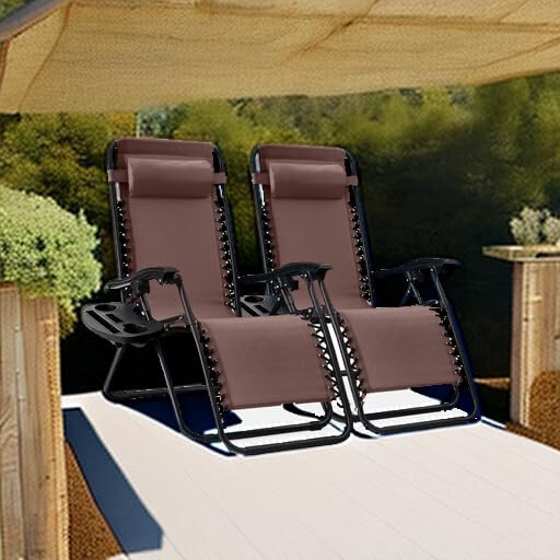 Best Choice Products Set of 2 Adjustable Steel Mesh Zero Gravity Lounge Chair Recliners w/Pillows and Cup Holder Trays, Brown - 2