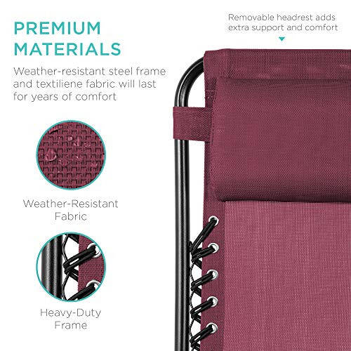 Best Choice Products Set of 2 Adjustable Steel Mesh Zero Gravity Lounge Chair Recliners w/Pillows and Cup Holder Trays - Burgundy - 5