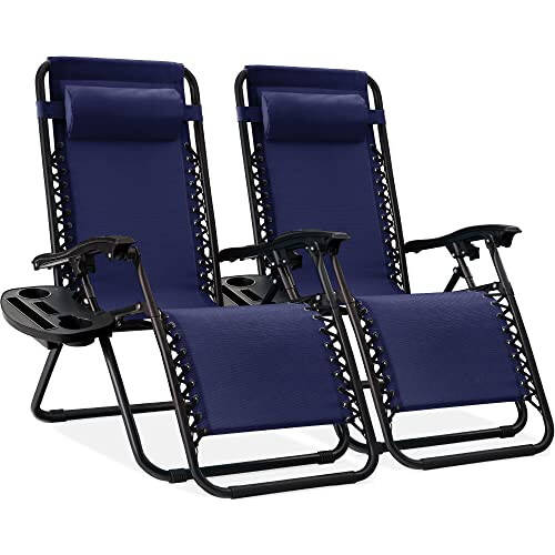 Best Choice Products Set of 2 Adjustable Steel Mesh Zero Gravity Lounge Chair Recliners w/Pillows and Cup Holder Trays, Navy Blue - 1