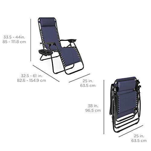 Best Choice Products Set of 2 Adjustable Steel Mesh Zero Gravity Lounge Chair Recliners w/Pillows and Cup Holder Trays, Navy Blue - 2