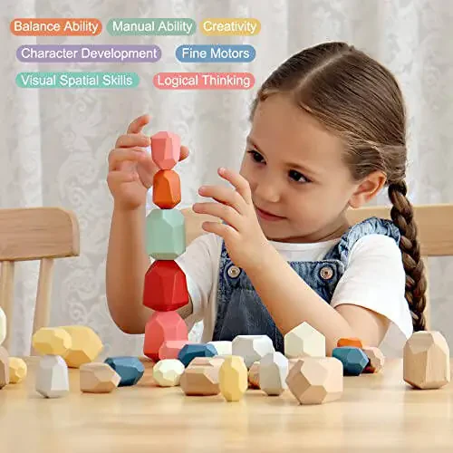 BESTAMTOY 36 PCS Wooden Sorting Stacking Rocks Stones,Sensory Toddler Toys Learning Montessori Toys, Building Blocks Game for Kids 3 4 5 6 Years Boy and Girl Birthday Gifts for Kids - 3