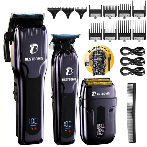 BESTBOMG® Hair Clippers for Men, Professional Hair Clippers, Beard Trimmer& Rechargeable Shaver Set, Metal T-Blade, LED Display, Barber Hair Cutting Kit for Men Grooming & Gifts, BS-808C (Blue) - 1