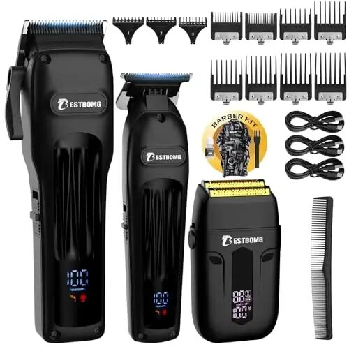 BESTBOMG® Hair Clippers for Men, Clipper, Trimmer & Shaver Set, BS-808A | Professional Hair Clippers for Men, Barber Grooming Kit, Zero-Gapped T-Blade & LED Display, Gifts for Men, Black - BESTBOMG