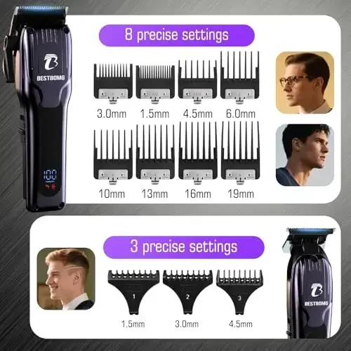 BESTBOMG® Hair Clippers for Men, Professional Hair Clippers, Beard Trimmer& Rechargeable Shaver Set, Metal T-Blade, LED Display, Barber Hair Cutting Kit for Men Grooming & Gifts, BS-808C (Blue) - 6