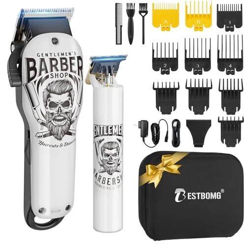 BESTBOMG Hair Clippers & Trimmer Ceramic T-Blade Cordless Haircut Sets Rechargeable 2000mAh/1200mAh with 10 Guide Combs & for Men/Father/Husband/Boyfriend - BESTBOMG
