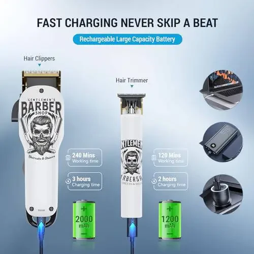 BESTBOMG Hair Clippers & Trimmer Ceramic T-Blade Cordless Haircut Sets Rechargeable 2000mAh/1200mAh with 10 Guide Combs & for Men/Father/Husband/Boyfriend - 4