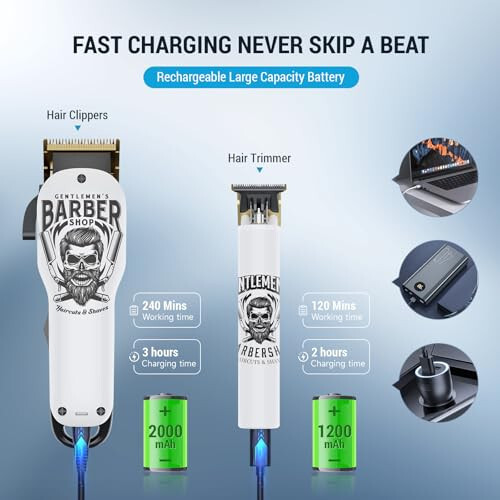 BESTBOMG Hair Clippers & Trimmer Ceramic T-Blade Cordless Haircut Sets Rechargeable 2000mAh/1200mAh with 10 Guide Combs & for Men/Father/Husband/Boyfriend - 4