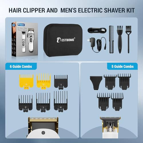 BESTBOMG Hair Clippers & Trimmer Ceramic T-Blade Cordless Haircut Sets Rechargeable 2000mAh/1200mAh with 10 Guide Combs & for Men/Father/Husband/Boyfriend - 5