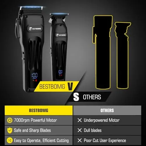 BESTBOMG® Professional Hair Clippers for Men, Clipper & Trimmer Set, Black | Ceramic T-Blade, Rechargeable Cordless Haircut Set with 10 Guide Combs & for Men/Father/Husband/Boyfriend, BS-808A - 4