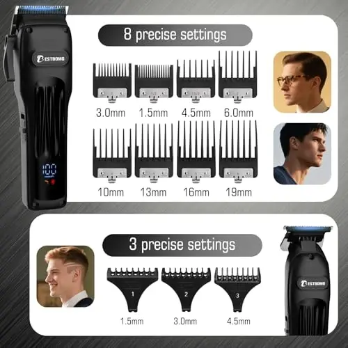 BESTBOMG® Professional Hair Clippers for Men, Clipper & Trimmer Set, Black | Ceramic T-Blade, Rechargeable Cordless Haircut Set with 10 Guide Combs & for Men/Father/Husband/Boyfriend, BS-808A - 5