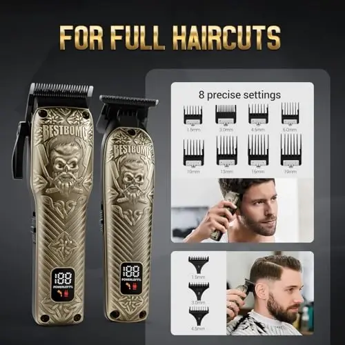 BESTBOMG® Professional Hair Clippers for Men, Clipper & Trimmer Set, Bronze | Ceramic T-Blade, Rechargeable Cordless Haircut Set with 10 Guide Combs & for Men/Father/Husband/Boyfriend, BS-808DR - 4