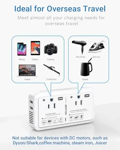 BESTEK 2000W Travel Voltage Converter, Power Step Down 240V to 120V Converter with 2.4A 2-Port USB Charging for Hair Dryer/Curling Iron/Phone,Travel Adapter for Europe Countries (Red) - 2
