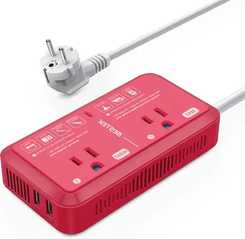 BESTEK 2000W Travel Voltage Converter, Power Step Down 240V to 120V Converter with 2.4A 2-Port USB Charging for Hair Dryer/Curling Iron/Phone,Travel Adapter for Europe Countries (Red) - 4