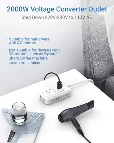 BESTEK 2000W Travel Voltage Converter, Power Step Down 240V to 120V Converter with 2.4A 2-Port USB Charging for Hair Dryer/Curling Iron/Phone, Travel Adapter for Europe Countries (Red) - 3