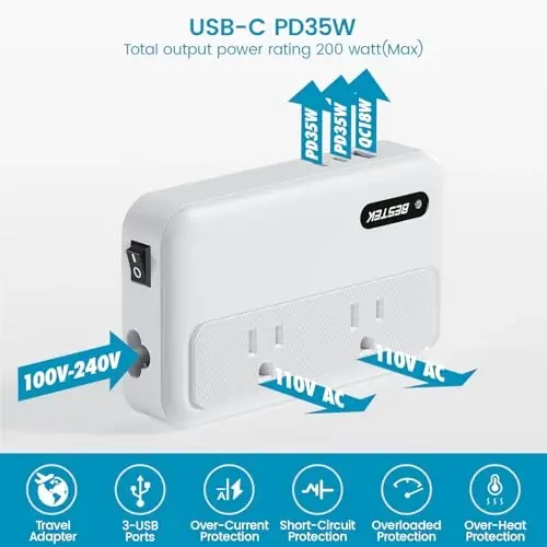 BESTEK 220V to 110V Converter with USB-C 35W, US to Europe Power Converter | with AU/EU/UK/India/South Africa Plug Adapter - 5