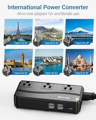 BESTEK 250W Güç Dönüştürücü 3 Çıkışlı ve 4 Portlu USB Seyahat Voltaj Dönüştürücü 220V'den 110V'a Tip G/D/M/AU/US Seyahat Fişi Adaptörleriyle - BESTEK (1)