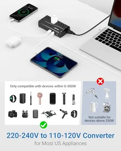 BESTEK 250W Güç Dönüştürücü 3 Çıkışlı ve 4 Portlu USB Seyahat Voltaj Dönüştürücü 220V'den 110V'a Tip G/D/M/AU/US Seyahat Fişi Adaptörleriyle - 3