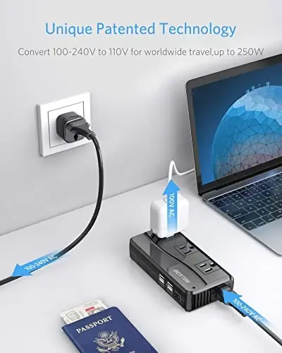 BESTEK 250W Power Converter 3-Outlet and 4-Port USB Travel Voltage Transformer 220V to 110V with Type G/D/M/AU/US Travel Plug Adapters - 3
