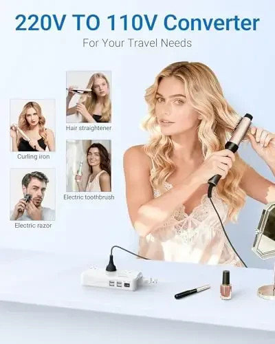 BESTEK Universal Travel Adapter 100-220V to 110V Voltage Converter 250W with 6A 4-Port USB Charging 3 AC Sockets and EU/UK/AU/US/India Worldwide Plug Adapter (03 UK Plug White) - 1