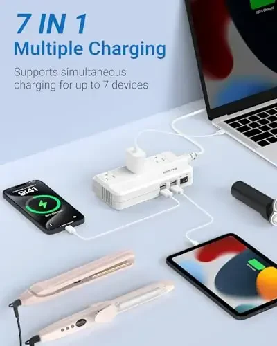 BESTEK Universal Travel Adapter 100-220V to 110V Voltage Converter 250W with 6A 4-Port USB Charging 3 AC Sockets and EU/UK/AU/US/India Worldwide Plug Adapter (03 UK Plug White) - 3