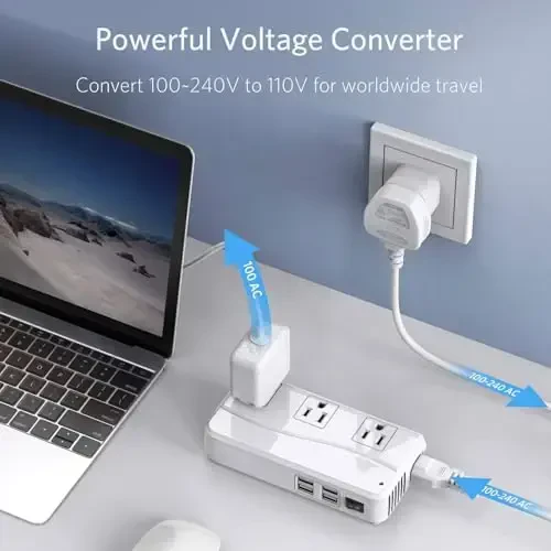 BESTEK Universal Travel Adapter 100-220V to 110V Voltage Converter 250W with 6A 4-Port USB Charging 3 AC Sockets and EU/UK/AU/US/India Worldwide Plug Adapter (03 UK Plug White) - 6