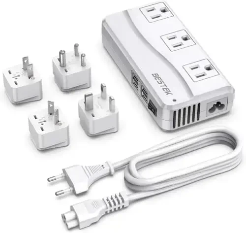 BESTEK Universal Travel Adapter 100-220V to 110V Voltage Converter 250W with 6A 4-Port USB Charging 3 AC Sockets and EU/UK/AU/US/India Worldwide Plug Adapter (White) - BESTEK