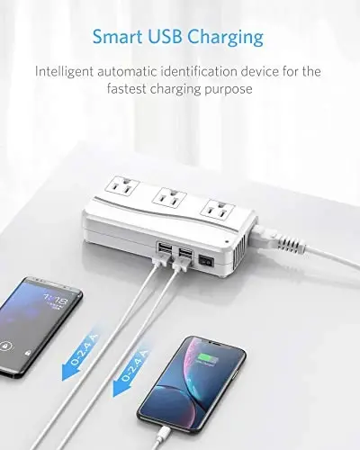 BESTEK Universal Travel Adapter 220V to 110V Voltage Converter with 6A 4-Port USB Charging and UK/AU/US/EU Worldwide Plug Adapter (White) - 6