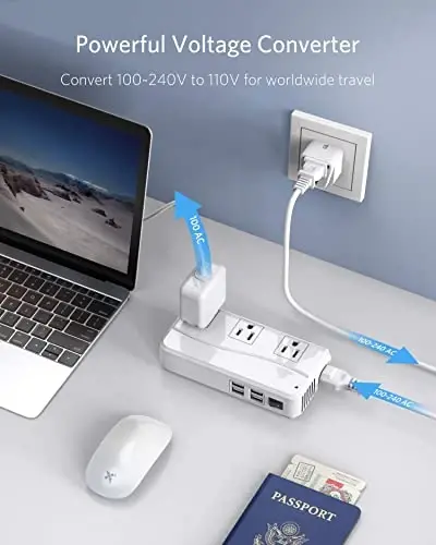 BESTEK Universal Travel Adapter 220V to 110V Voltage Converter with 6A 4-Port USB Charging and UK/AU/US/EU Worldwide Plug Adapter (White) - 3