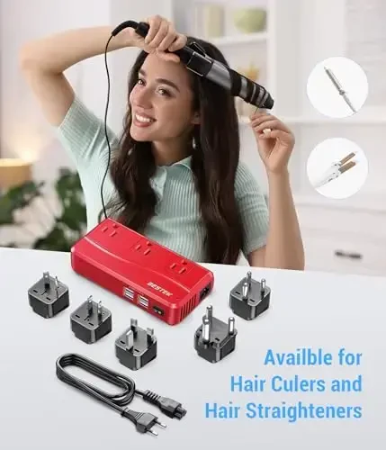 BESTEK International Power Adapter 250W, 220V to 110V Step Down Travel Voltage Converter with 4-Port USB Including US/AU/EU/UK//India/South Africa Plug Adapter (Red) - 6