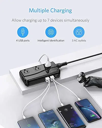 BESTEK Universal sayohat adapteri 100-220V dan 110V ga kuchlanish konvertori 250W 6A 4 portli USB zaryadlash 3 AC rozetkasi va EU/UK/AU/US/India dunyo bo'ylab vilkasi adapteri (qora) - 4