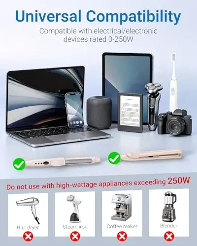 BESTEK Universal sayohat adapteri 100-220V dan 110V ga kuchlanish konvertori 250W 6A 4 portli USB zaryadlash 3 AC rozetkasi va EU/UK/AU/US/India dunyo bo'ylab vilkasi adapteri (qora) - 3