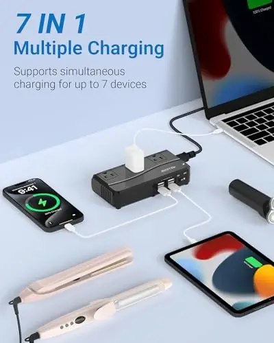 BESTEK Universal sayohat adapteri 100-220V dan 110V ga kuchlanish konvertori 250W 6A 4 portli USB zaryadlash 3 AC rozetkasi va EU/UK/AU/US/India dunyo bo'ylab vilkasi adapteri (qora) - 4