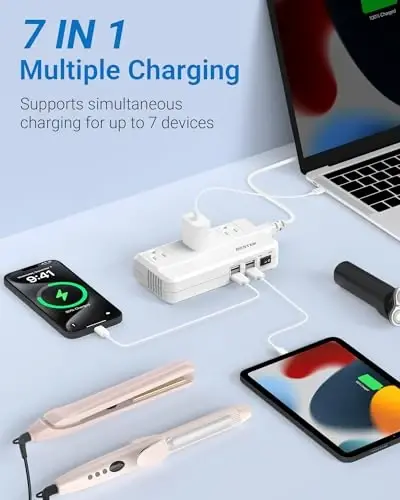 BESTEK Universal Travel Adapter 100-220V to 110V Voltage Converter | 250W with 6A 4-Port USB Charging 3 AC Sockets and EU/UK/AU/US/India Worldwide Plug Adapter (03 UK Plug White) - 4