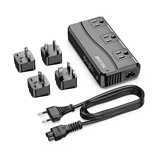 BESTEK Universal Travel Adapter 100-220V to 110V Voltage Converter 250W with 6A 4-Port USB Charging 3 AC Sockets and EU/UK/AU/US/India Worldwide Plug Adapter (Black) - BESTEK