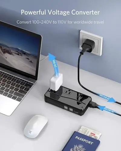 BESTEK Universal Travel Adapter 100-220V to 110V Voltage Converter 250W with 6A 4-Port USB Charging 3 AC Sockets and EU/UK/AU/US/India Worldwide Plug Adapter (Black) - 5