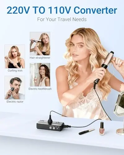 BESTEK Universal Travel Adapter 100-220V to 110V Voltage Converter 250W with 6A 4-Port USB Charging 3 AC Sockets and EU/UK/AU/US/India Worldwide Plug Adapter (Black) - 2