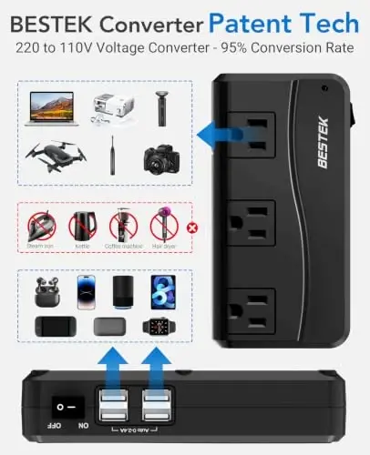 BESTEK Universal Travel Adapter 220V to 110V Voltage Converter | with 6A 4-Port USB Charging and UK/AU/US/EU Worldwide Plug Adapter (Black) - 2