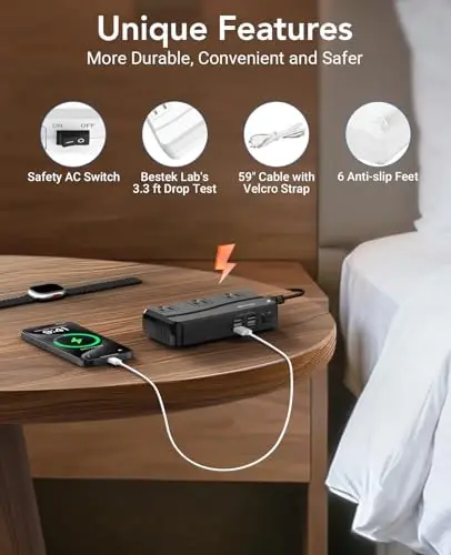 BESTEK Universal Travel Adapter 220V to 110V Voltage Converter | with 6A 4-Port USB Charging and UK/AU/US/EU Worldwide Plug Adapter (Black) - 4
