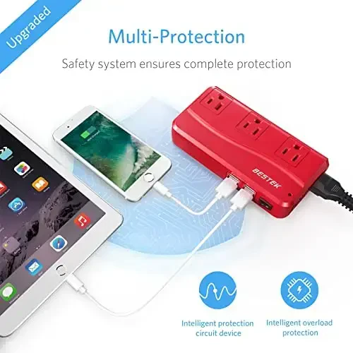 BESTEK Universal Travel Adapter 220V to 110V Voltage Converter with 6A 4-Port USB Charging and UK/AU/US/EU Worldwide Plug Adapter (Red) - 6