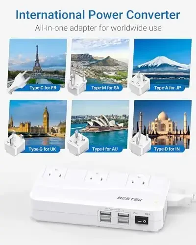 BESTEK Xalqaro Quvvat Adapteri 250W, 220V dan 110V ga Pasaytiruvchi Sayohat Voltaj Konverteri 4 Port USB bilan, shu jumladan AQSh/Avstraliya/Yevropa Ittifoqi/Buyuk Britaniya/Hindiston/Janubiy Afrika Shtepsel Adapteri (Oq) - 4
