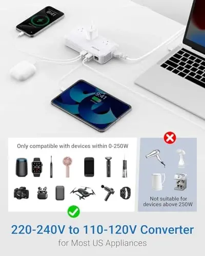 BESTEK Xalqaro Quvvat Adapteri 250W, 220V dan 110V ga Pasaytiruvchi Sayohat Voltaj Konverteri 4 Port USB bilan, shu jumladan AQSh/Avstraliya/Yevropa Ittifoqi/Buyuk Britaniya/Hindiston/Janubiy Afrika Shtepsel Adapteri (Oq) - 2