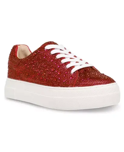 Betsey Johnson Sidny Lace-Up Rhinestone Platform Sneakers - Red 