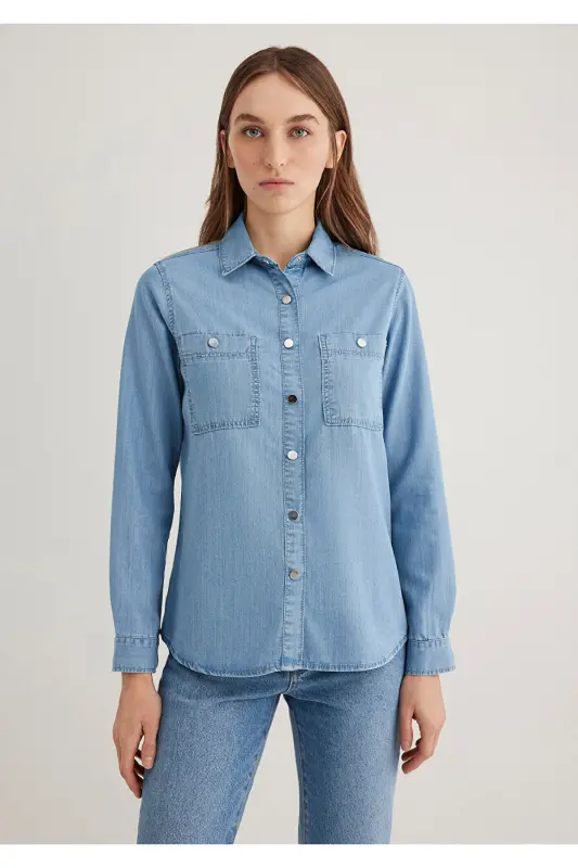 Betty Gold Klasik Açık Jean Gömlek Fitted / Vücuda Oturan Kesim 1210818-89159 - Açık Mavi-89159 - 1