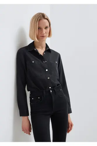 Betty Gold Klasik Antrasit Jean Ko'ylak Fitted / Gavda - MAVI (1)