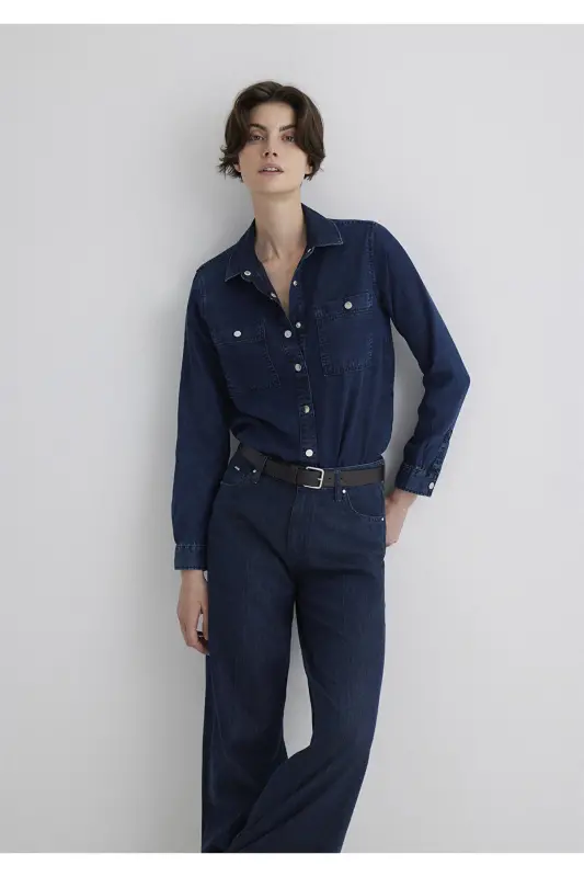 Betty Gold Klassik Murakkab Moviy Jean Ko'ylak Fitted - 2