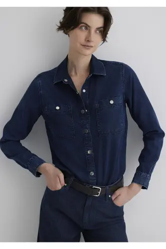 Betty Gold Klassik Murakkab Moviy Jean Ko'ylak Fitted - 4