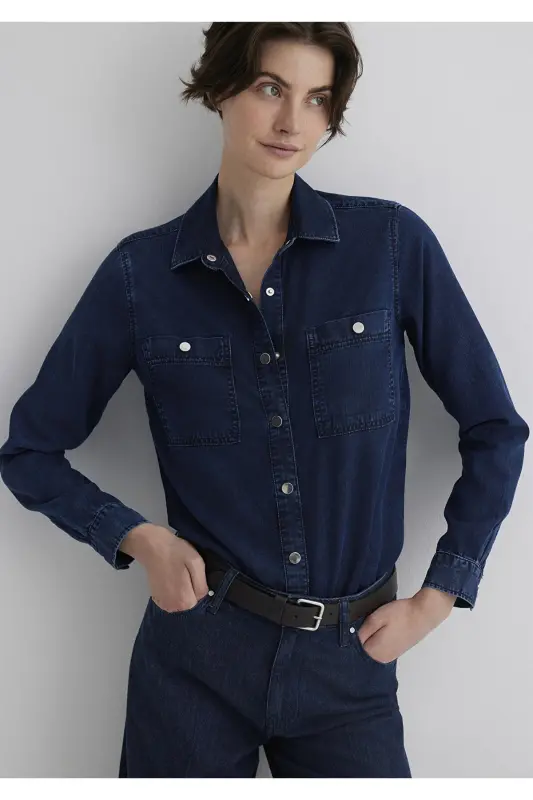 Betty Gold Klassik Murakkab Moviy Jean Ko'ylak Fitted - 4