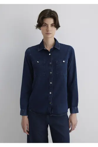 Betty Gold Klassik Murakkab Moviy Jean Ko'ylak Fitted - 5